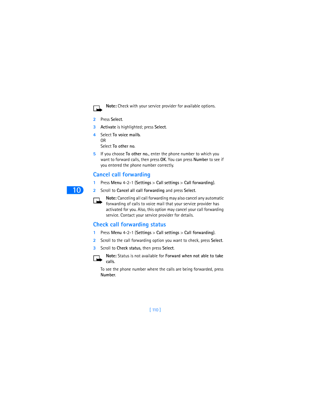 Nokia 6590i warranty Cancel call forwarding, Check call forwarding status, Select To voice mailb Select To other no, 110 