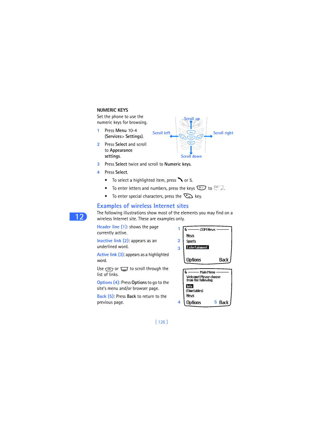 Nokia 6590i warranty Examples of wireless Internet sites, Numeric Keys, Services Settings, To Appearance Settings, 126 