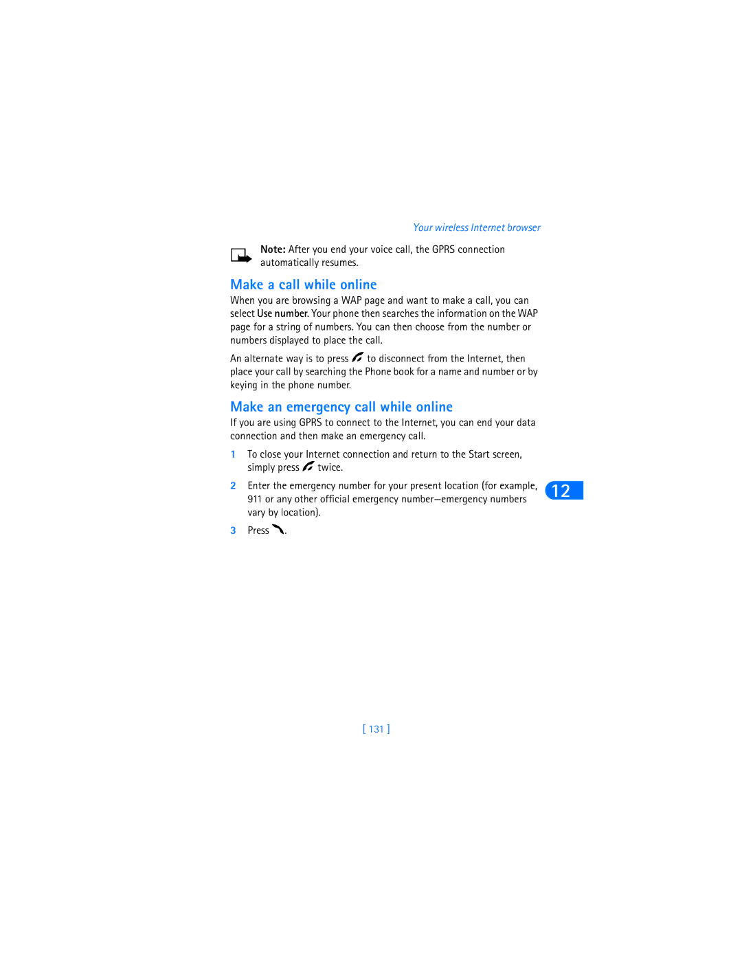 Nokia 6590i warranty Make a call while online, Make an emergency call while online, Vary by location Press, 131 