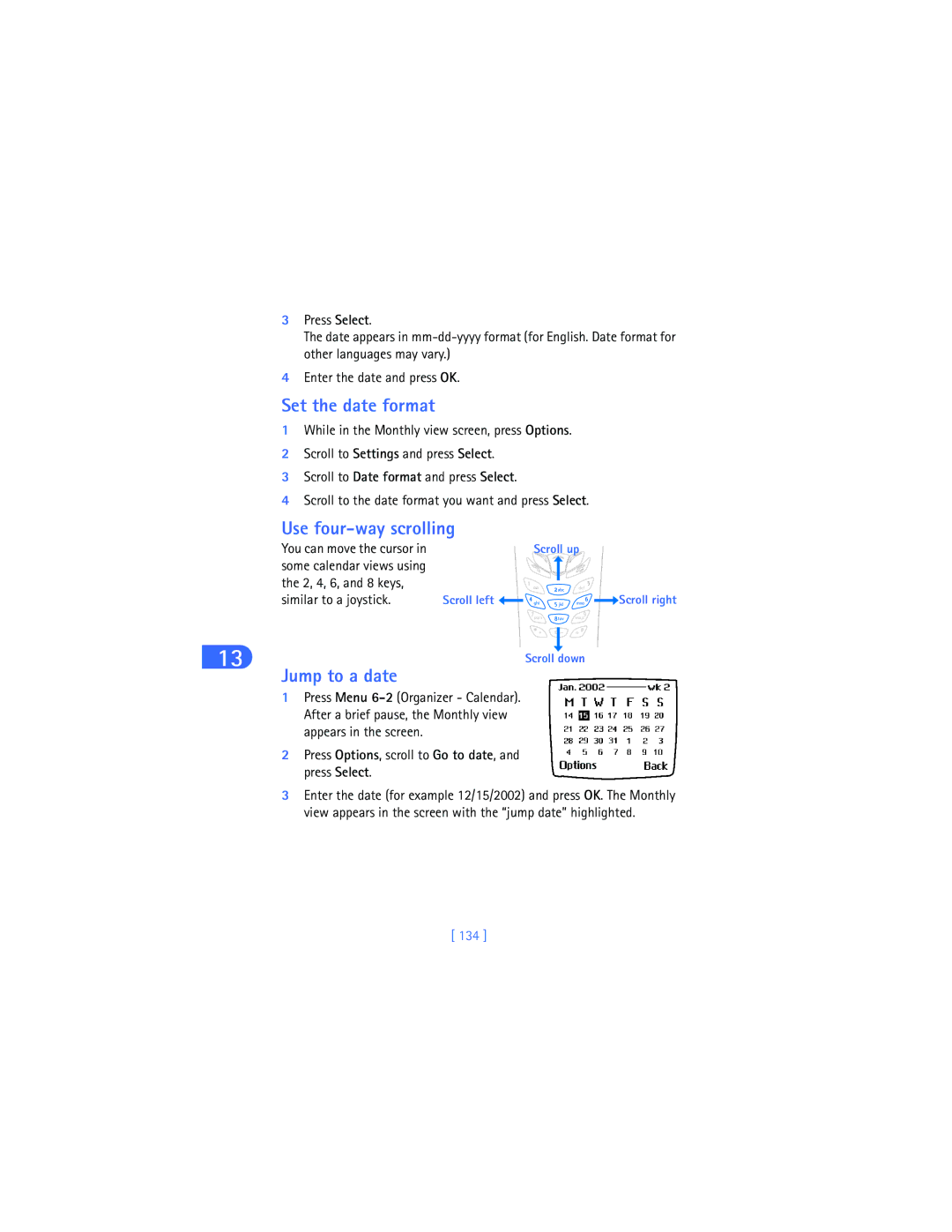 Nokia 6590i warranty Set the date format, Use four-way scrolling, Jump to a date, 134 