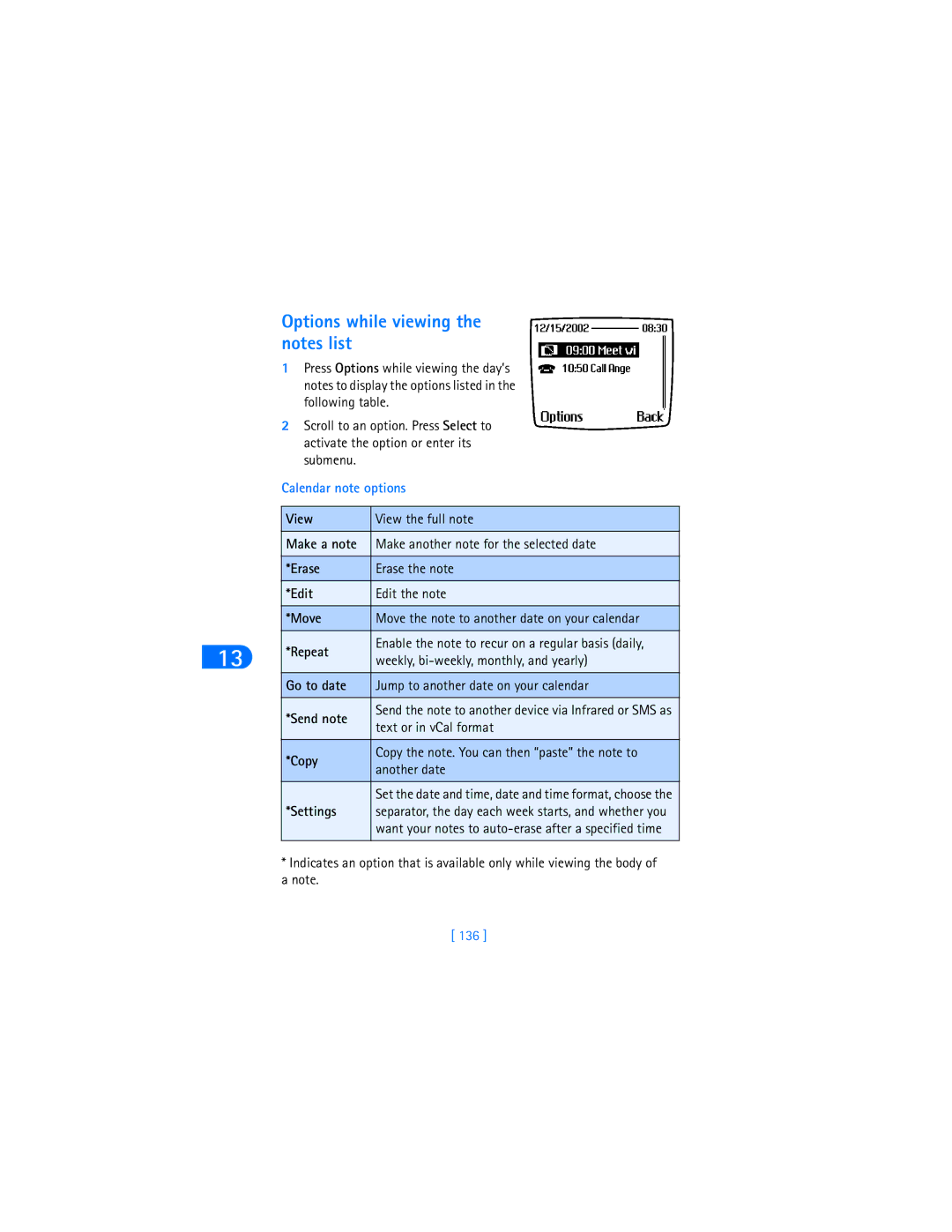 Nokia 6590i warranty Options while viewing the notes list, Make a note, Repeat, Go to date, Send note 