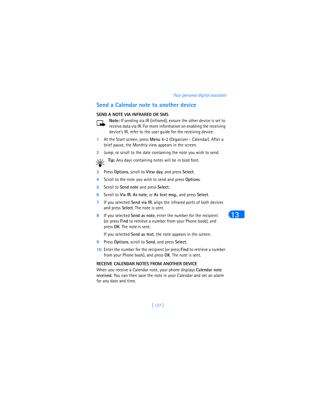 Nokia 6590i warranty Send a Calendar note to another device, Send a Note VIA Infrared or SMS, 137 