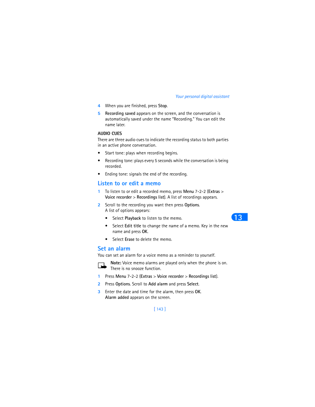Nokia 6590i Listen to or edit a memo, Set an alarm, Audio Cues, Press Menu 7-2-2 Extras Voice recorder Recordings list 
