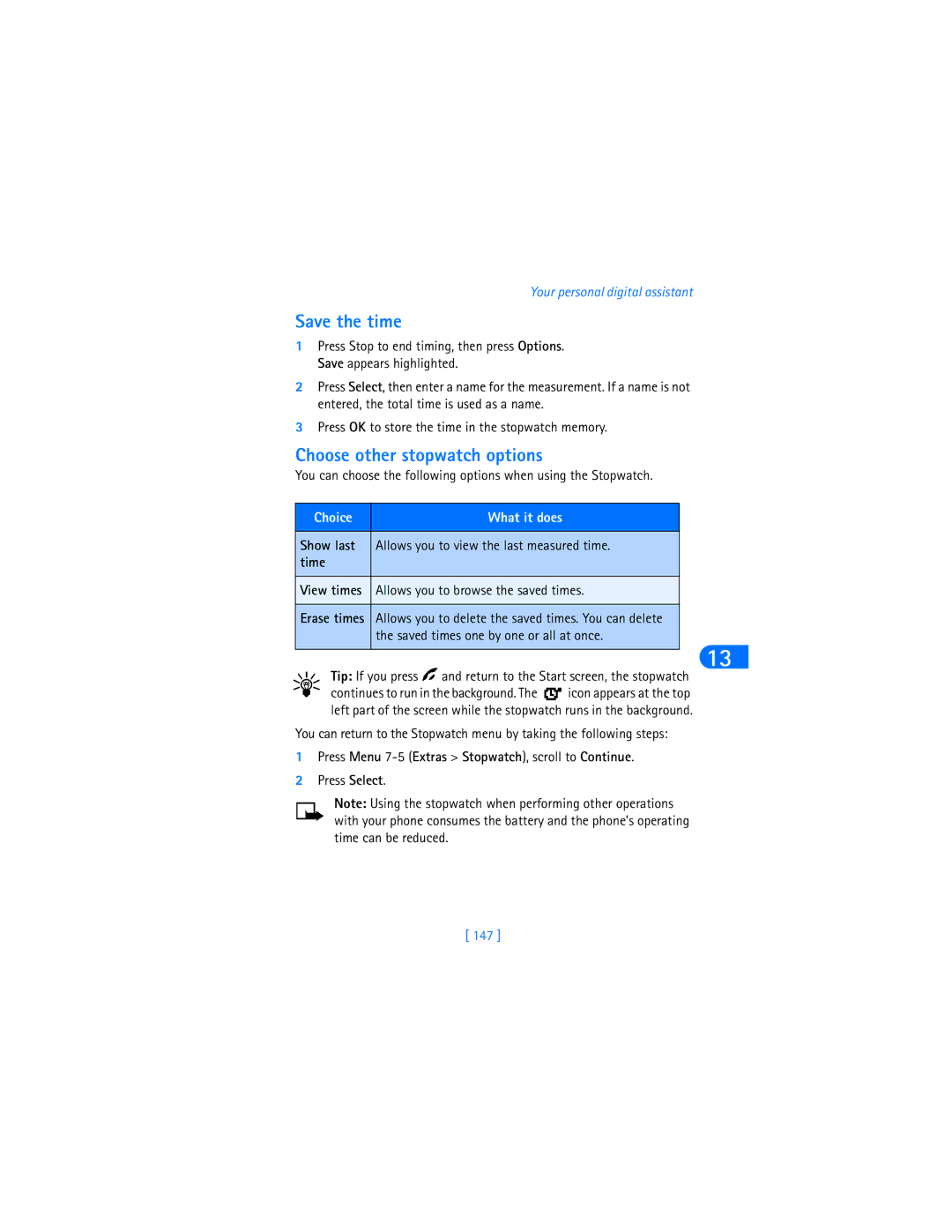 Nokia 6590i warranty Save the time, Choose other stopwatch options, Saved times one by one or all at once, 147 