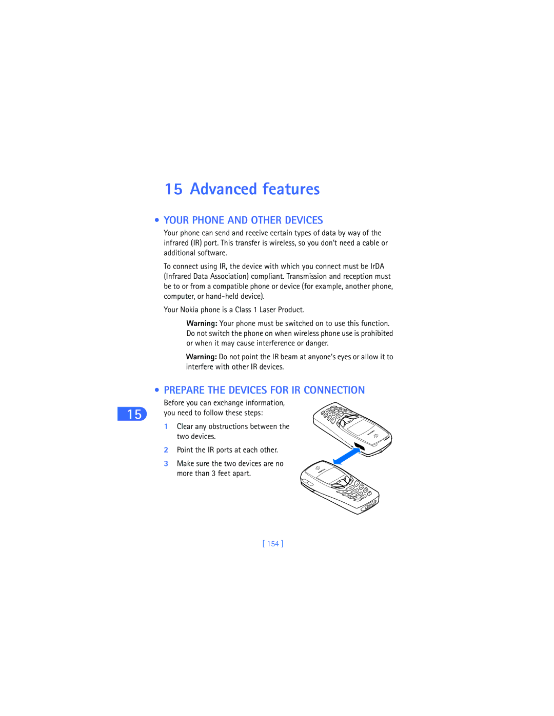 Nokia 6590i warranty Advanced features, Your Phone and Other Devices, Prepare the Devices for IR Connection, 154 