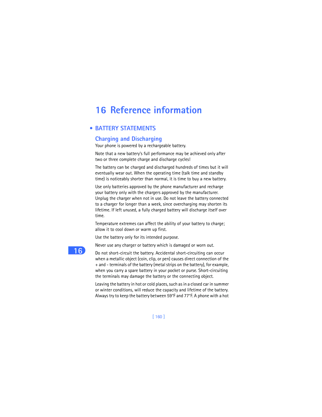 Nokia 6590i warranty Reference information, Your phone is powered by a rechargeable battery, 160 