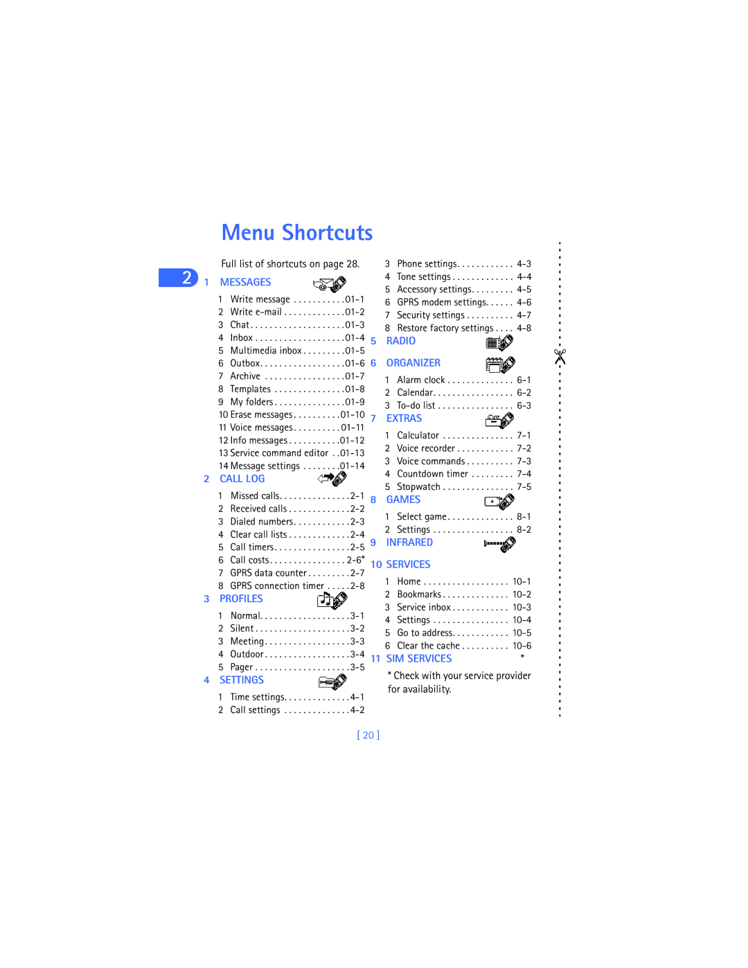 Nokia 6590i warranty Menu Shortcuts, Check with your service provider for availability 