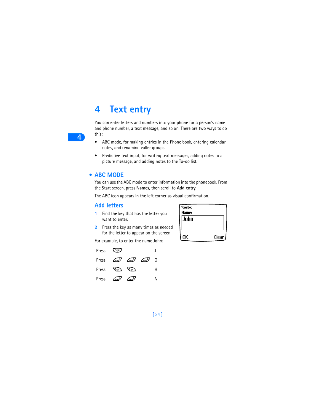 Nokia 6590i warranty Text entry, ABC Mode, Add letters, ABC icon appears in the left corner as visual confirmation 