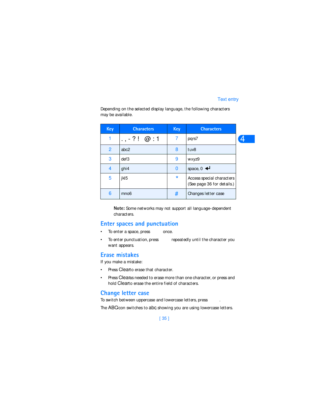 Nokia 6590i warranty ? ! ‘ @, Enter spaces and punctuation, Erase mistakes, Change letter case 