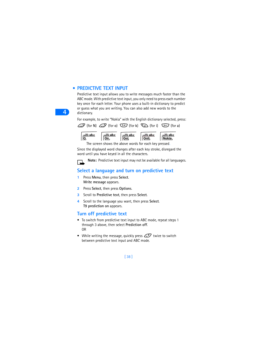 Nokia 6590i warranty Predictive Text Input, Select a language and turn on predictive text, Turn off predictive text 