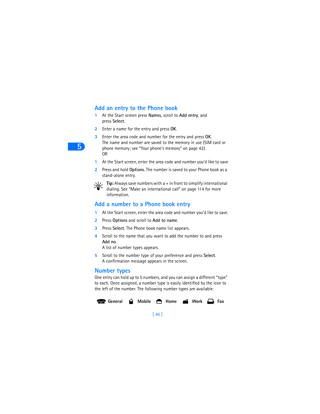 Nokia 6590i Add an entry to the Phone book, Add a number to a Phone book entry, Number types, General Mobile Home Work 