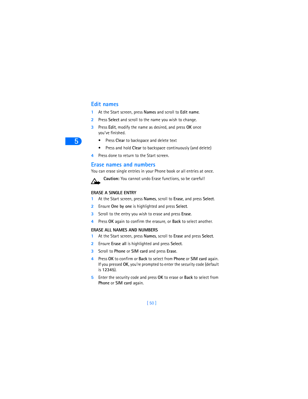 Nokia 6590i warranty Edit names, Erase names and numbers, Erase a Single Entry, Erase ALL Names and Numbers 