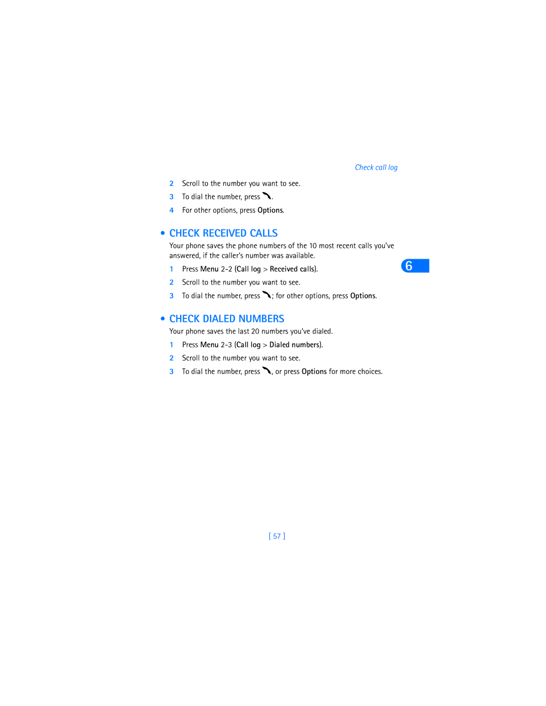 Nokia 6590i warranty Check Received Calls, Check Dialed Numbers, Press Menu 2-2 Call log Received calls 