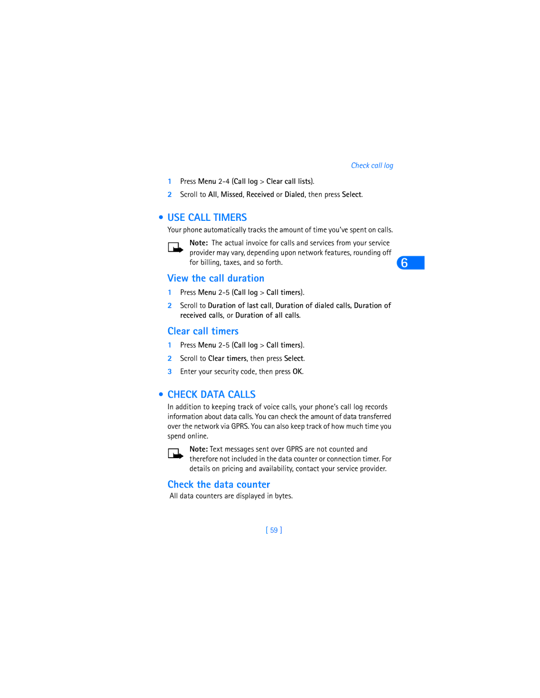 Nokia 6590i warranty USE Call Timers, View the call duration, Clear call timers, Check Data Calls, Check the data counter 