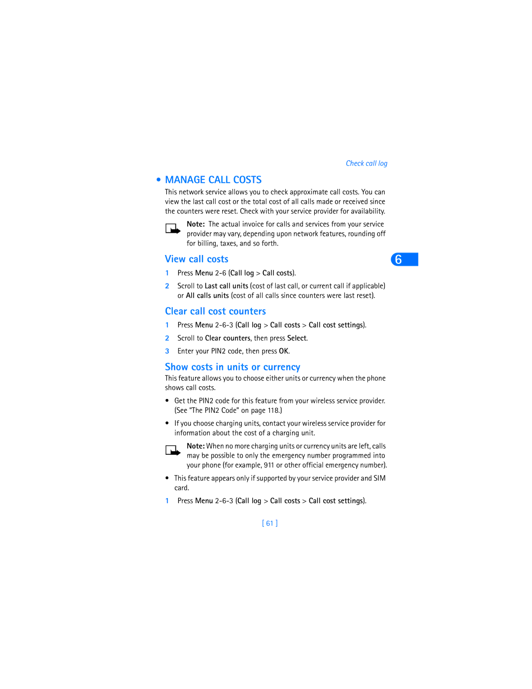 Nokia 6590i warranty Manage Call Costs, View call costs, Clear call cost counters, Show costs in units or currency 