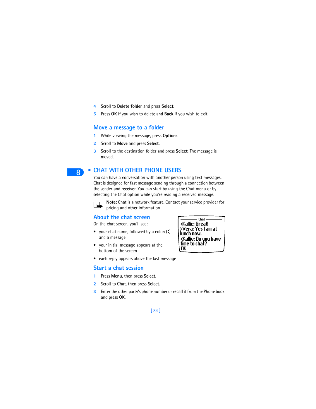 Nokia 6590i warranty Move a message to a folder, Chat with Other Phone Users, About the chat screen, Start a chat session 