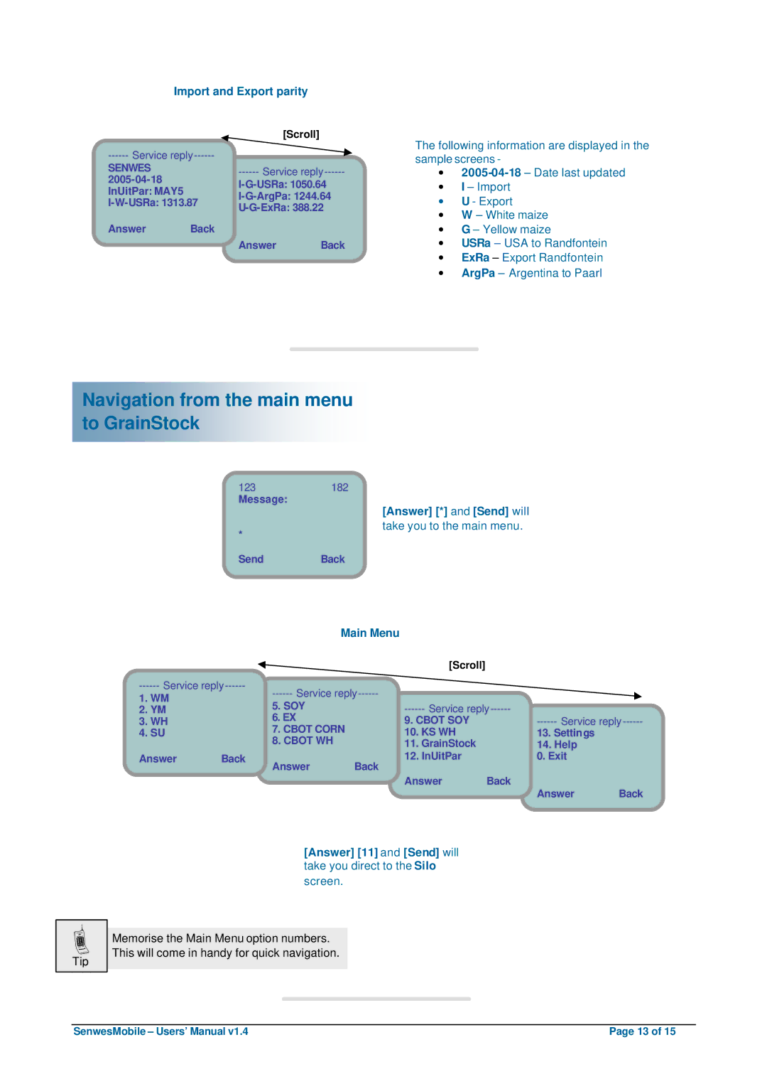 Nokia 6610 user manual Navigation from the main menu to GrainStock, Import and Export parity 