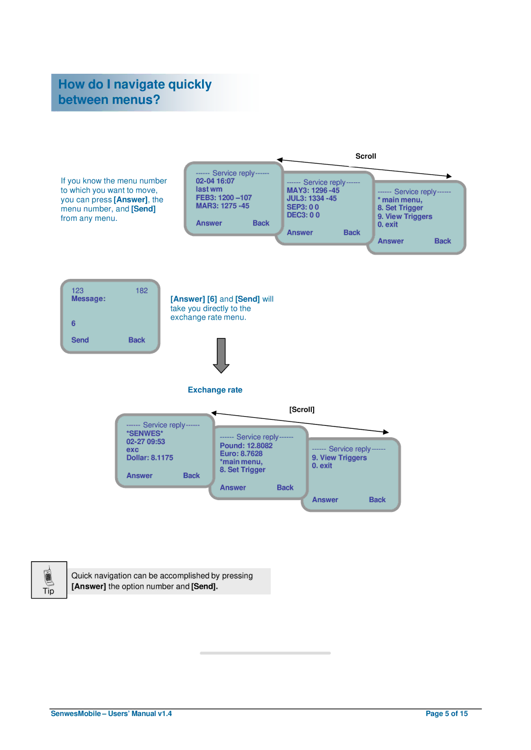 Nokia 6610 user manual How do I navigate quickly between menus?, Take you directly to, Exchange rate menu 