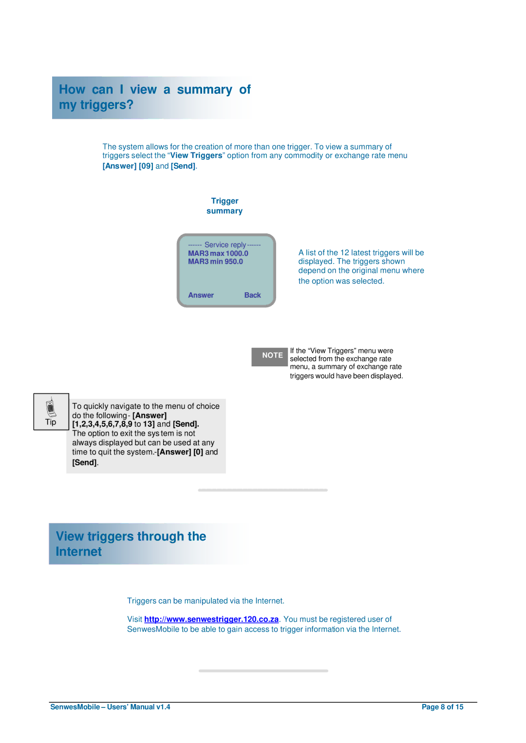 Nokia 6610 How can I view a summary of my triggers?, View triggers through Internet, Answer 09 and Send Trigger Summary 