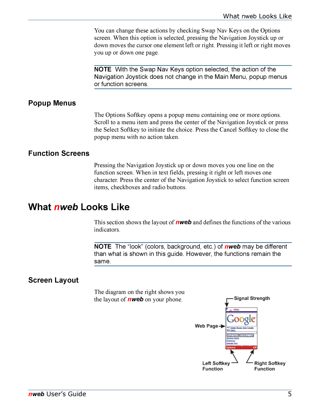 Nokia 6620 manual What nweb Looks Like, Popup Menus, Function Screens, Screen Layout 