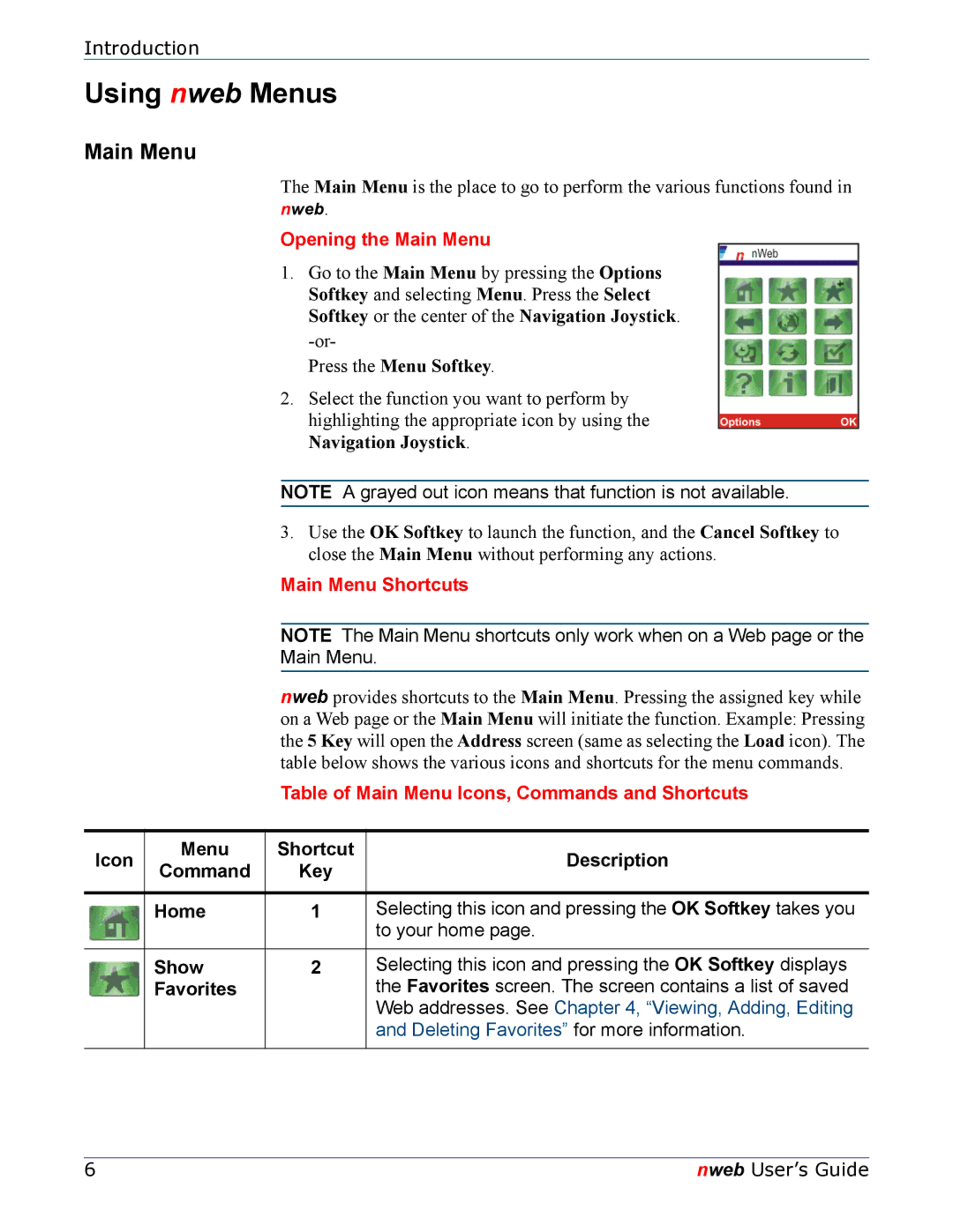 Nokia 6620 manual Using nweb Menus, Opening the Main Menu, Main Menu Shortcuts 