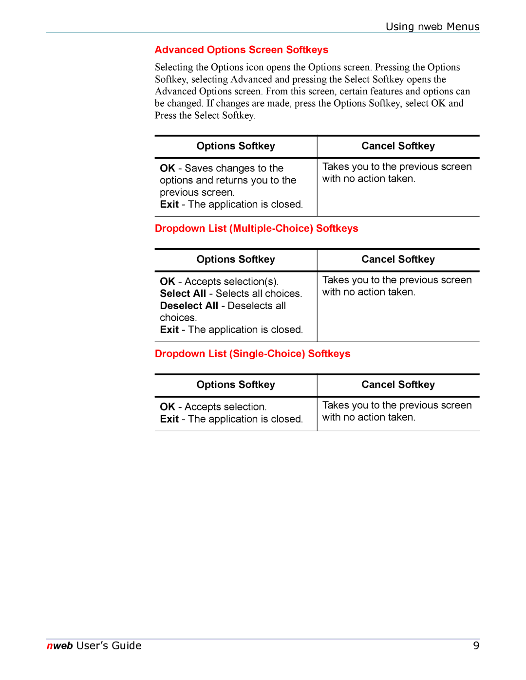 Nokia 6620 manual Advanced Options Screen Softkeys, Options Softkey Cancel Softkey, Dropdown List Multiple-Choice Softkeys 