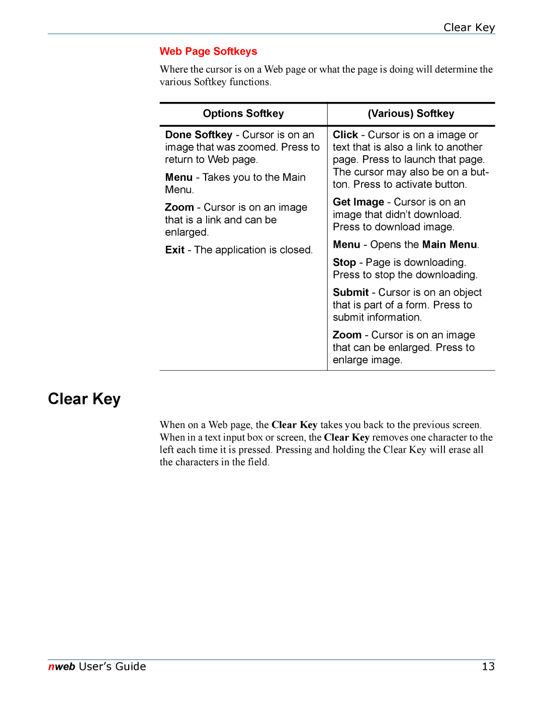 Nokia 6620 manual Clear Key, Web Page Softkeys, Options Softkey Various Softkey, Menu Opens the Main Menu 