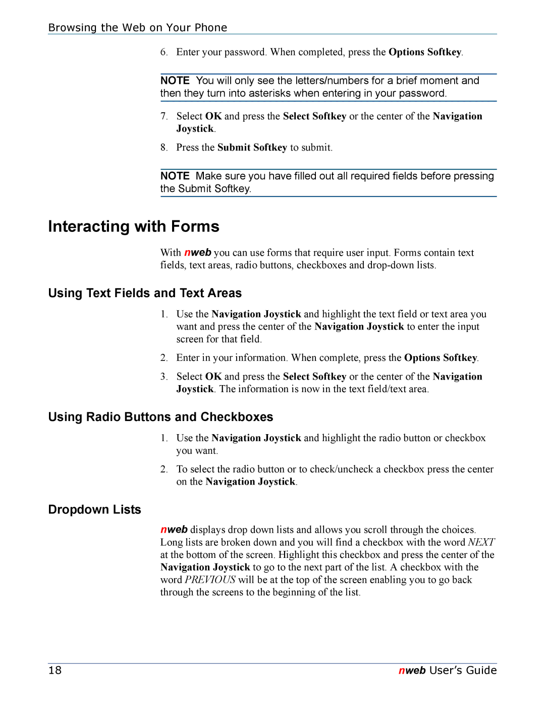 Nokia 6620 Interacting with Forms, Using Text Fields and Text Areas, Using Radio Buttons and Checkboxes, Dropdown Lists 