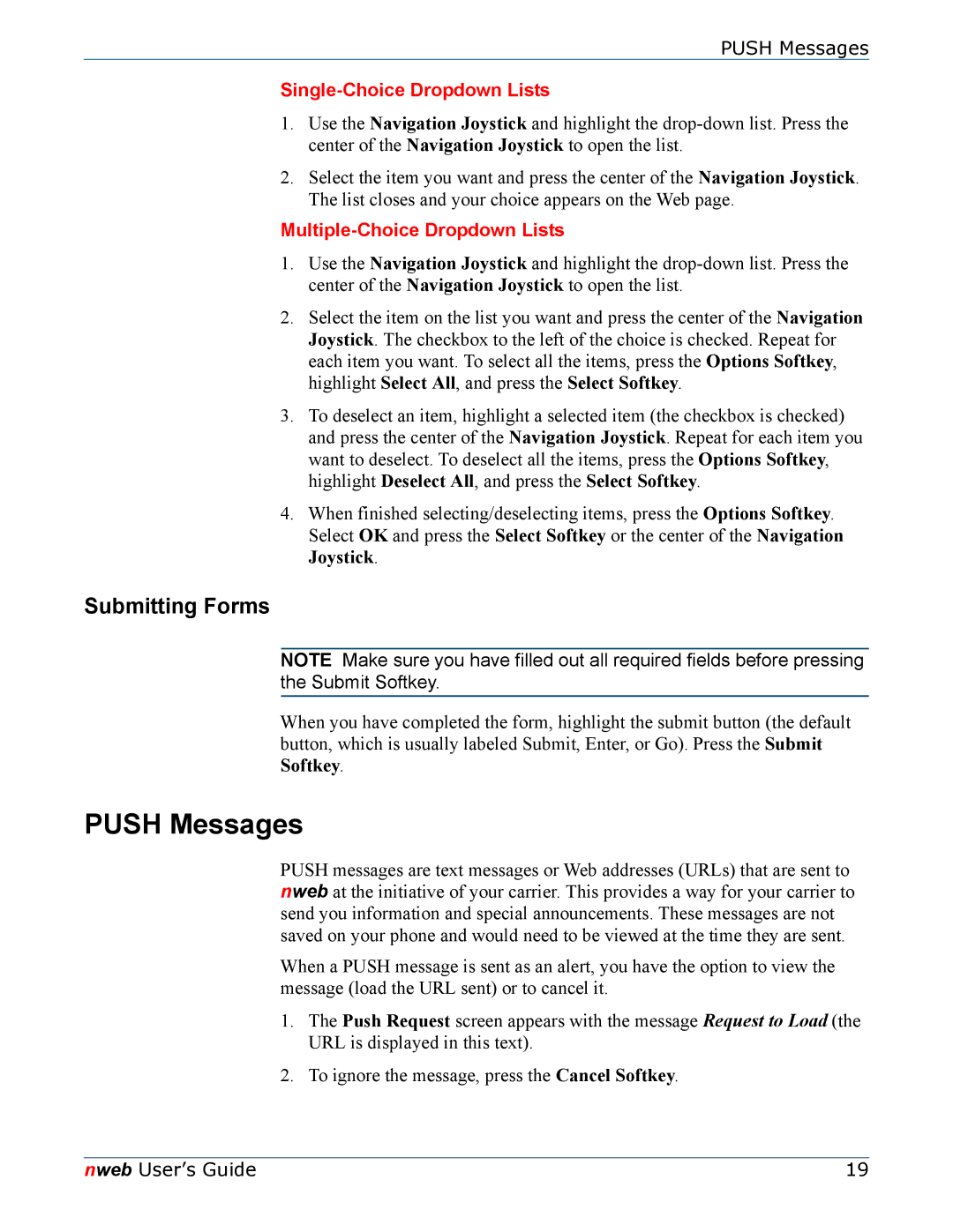 Nokia 6620 manual Push Messages, Submitting Forms, Single-Choice Dropdown Lists, Multiple-Choice Dropdown Lists 