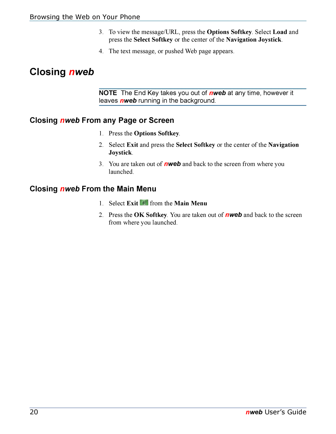 Nokia 6620 manual Closing nweb From any Page or Screen, Closing nweb From the Main Menu 