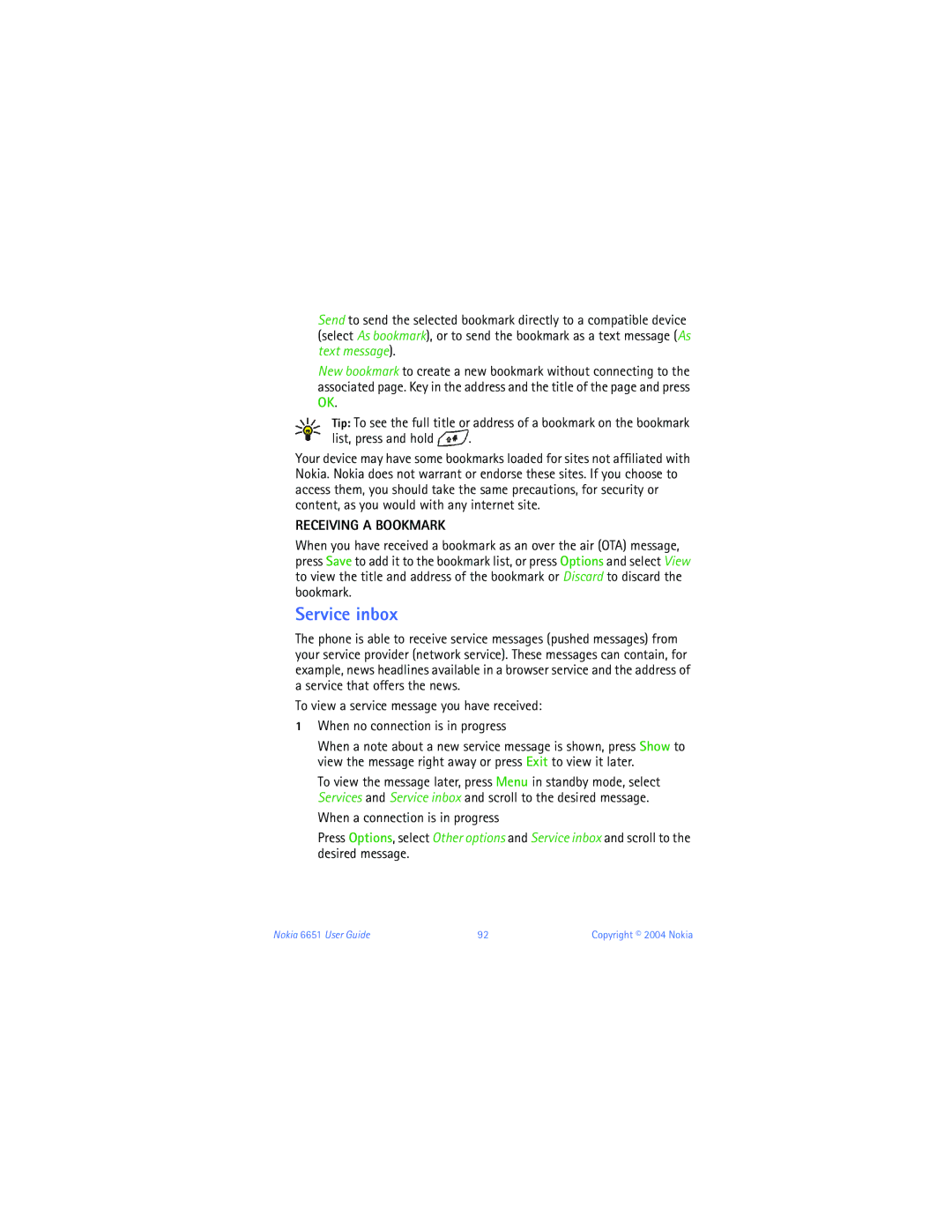 Nokia 6651 manual Service inbox, List, press and hold, Receiving a Bookmark, When a connection is in progress 