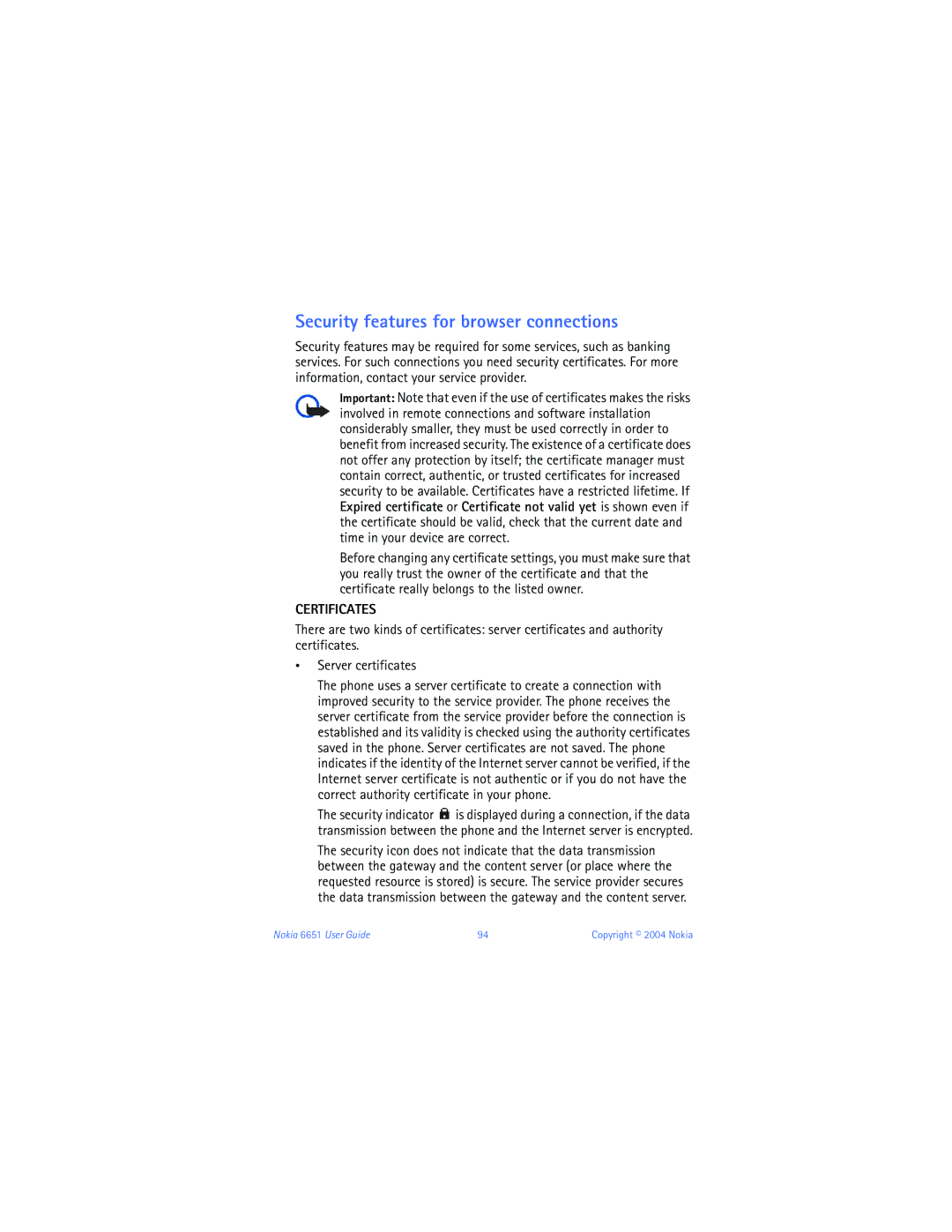 Nokia 6651 manual Security features for browser connections, Certificates 