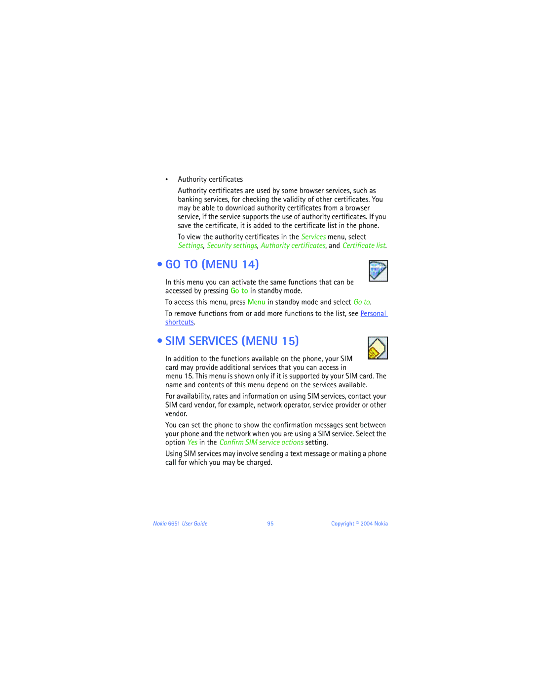 Nokia 6651 manual SIM Services Menu, Authority certificates 