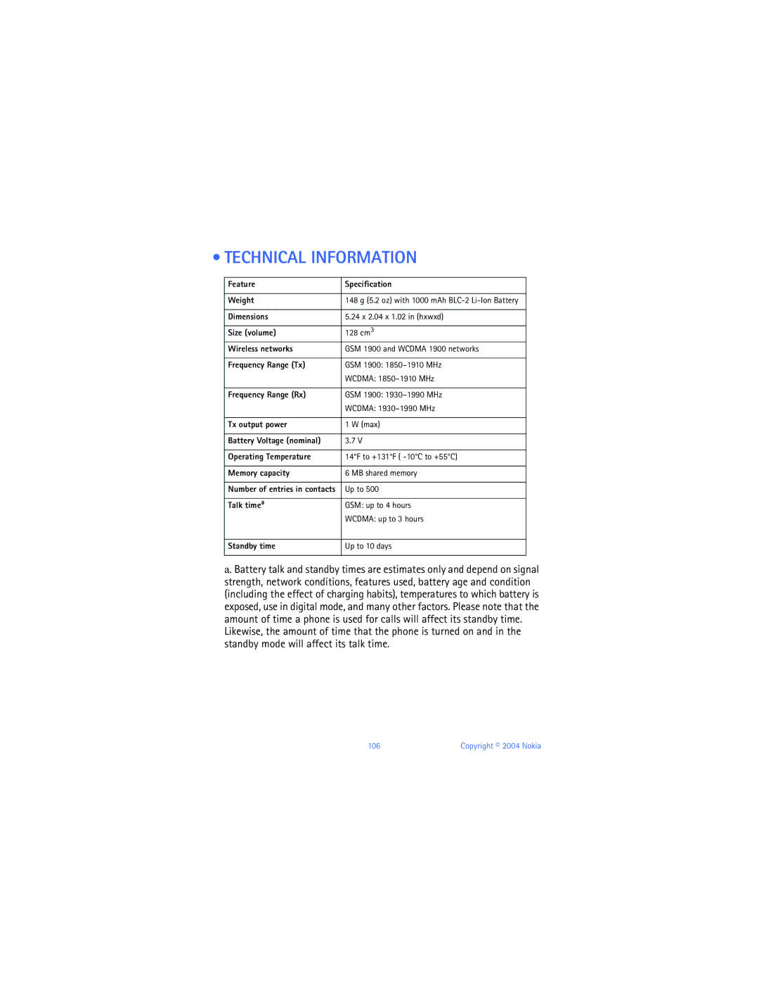 Nokia 6651 manual Technical Information 