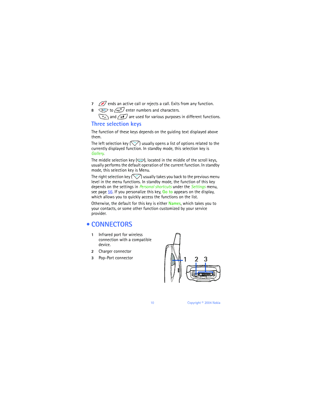 Nokia 6651 manual Connectors, Three selection keys 