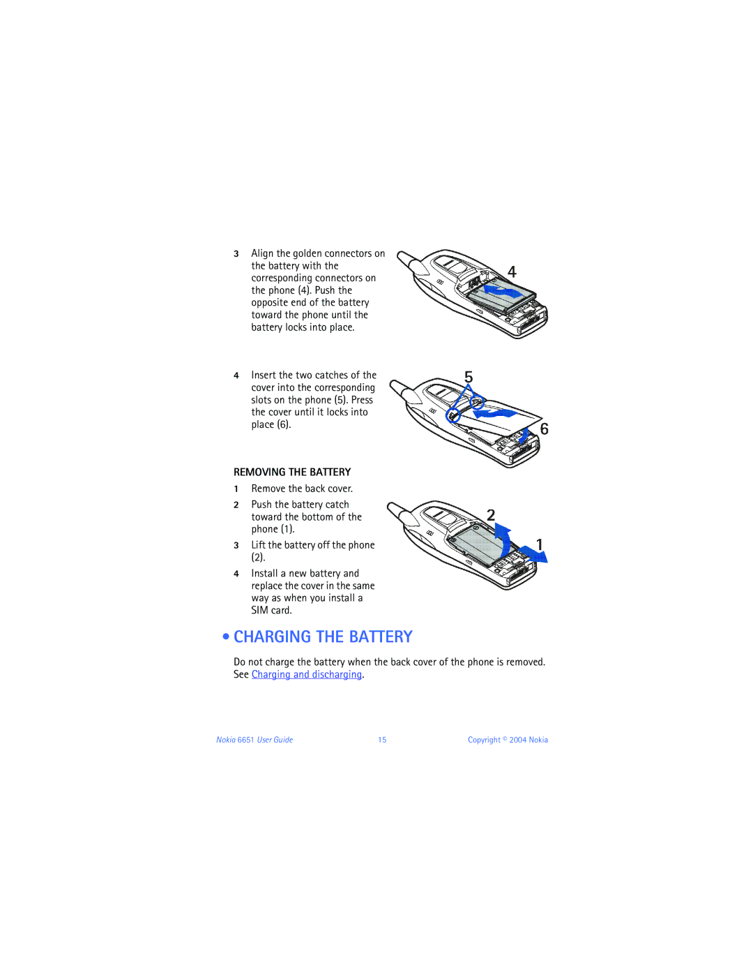 Nokia 6651 manual Charging the Battery, Removing the Battery 