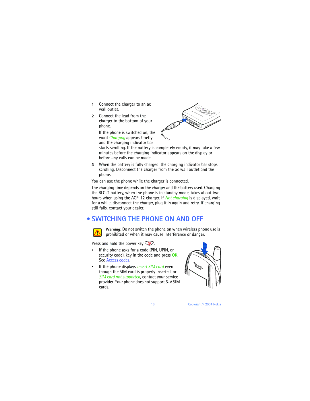 Nokia 6651 manual Switching the Phone on and OFF 