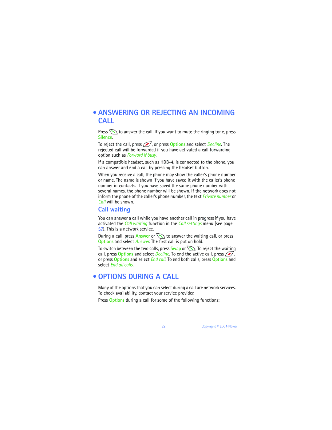 Nokia 6651 manual Answering or Rejecting AN Incoming Call, Options During a Call, Call waiting 