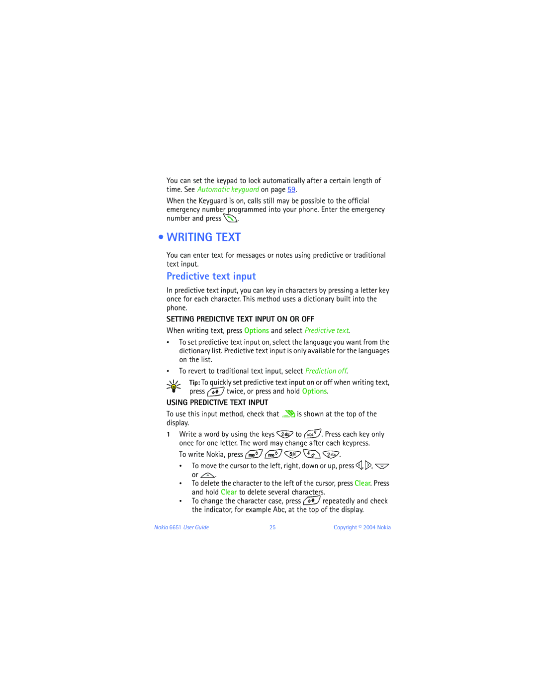 Nokia 6651 manual Writing Text, Predictive text input, Number and press, Setting Predictive Text Input on or OFF 