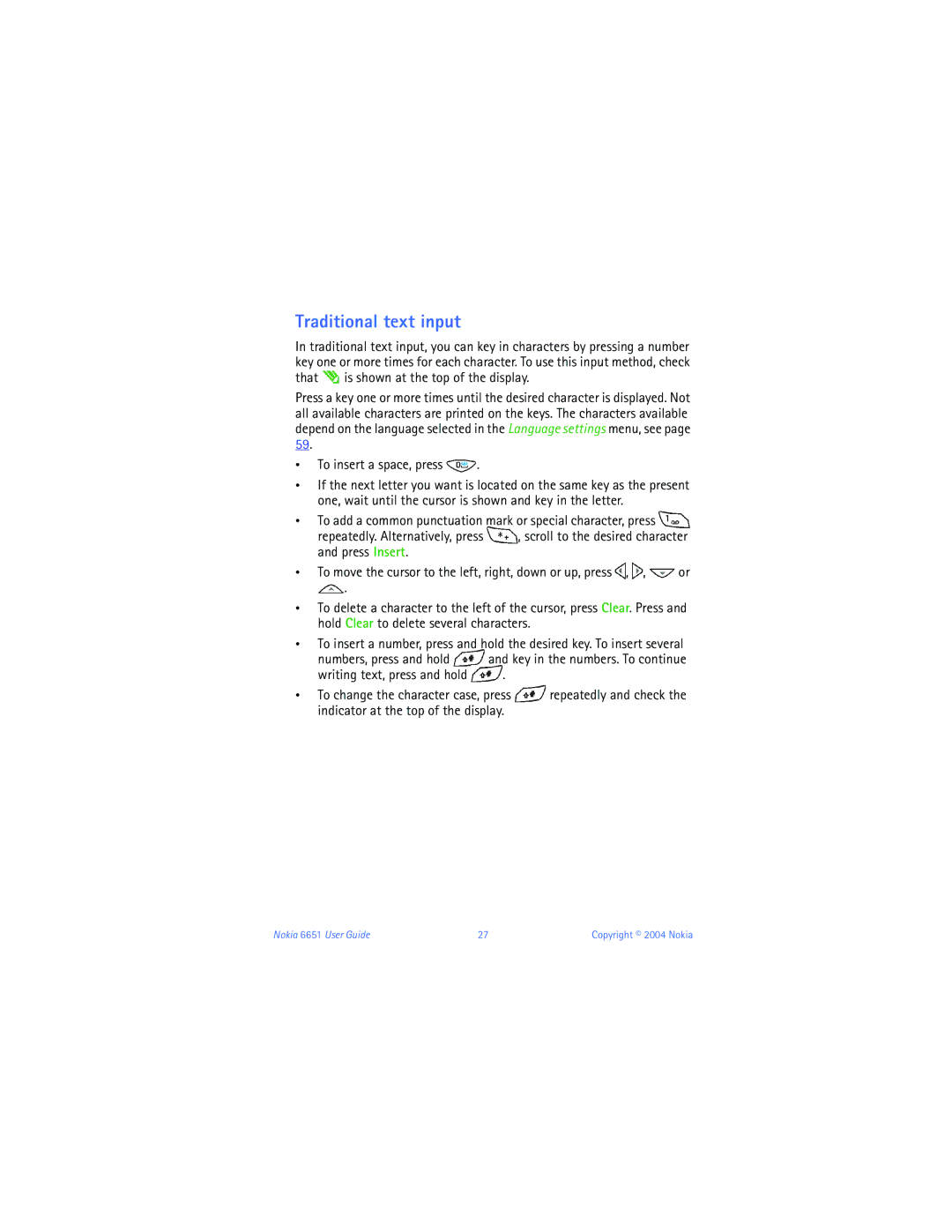 Nokia 6651 manual Traditional text input 