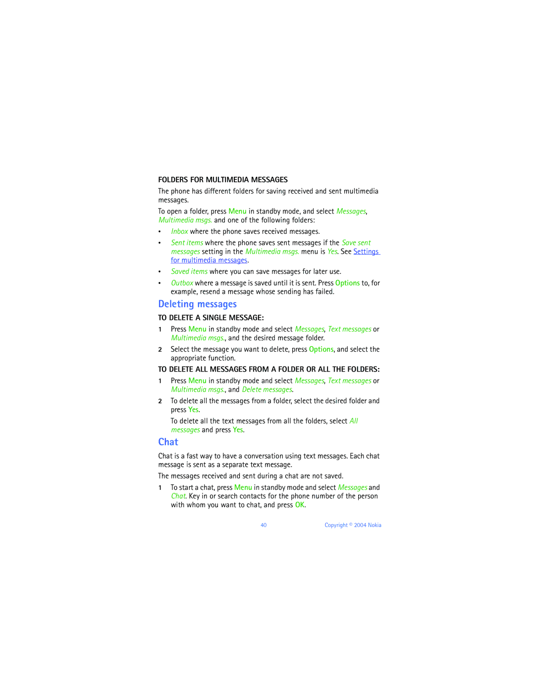 Nokia 6651 manual Deleting messages, Chat, Folders for Multimedia Messages, To Delete a Single Message 