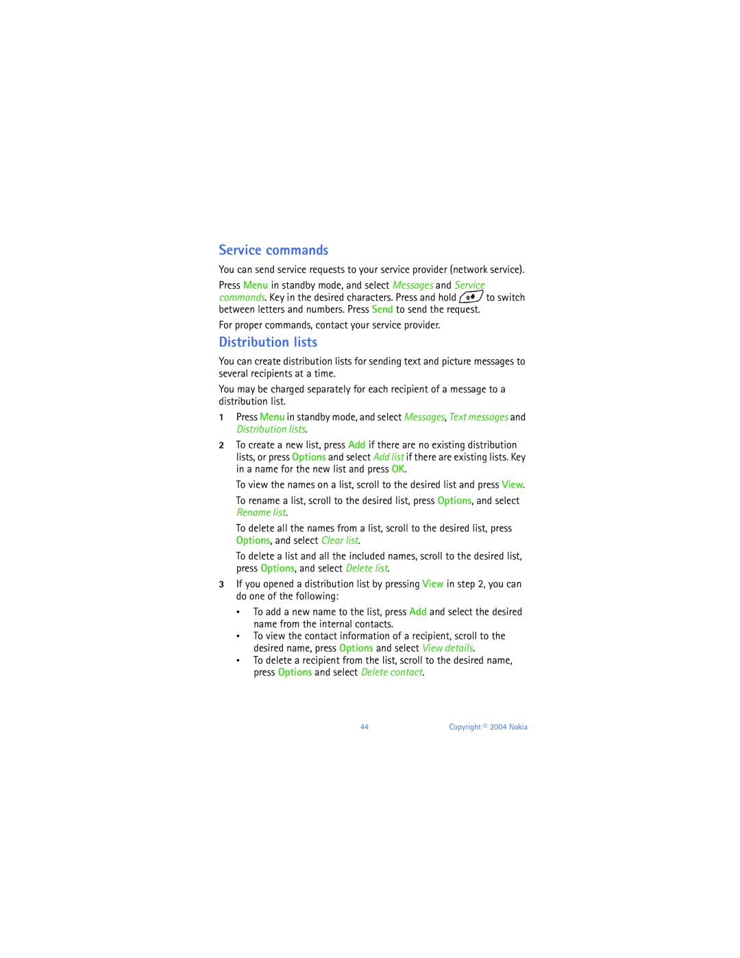 Nokia 6651 manual Service commands, Distribution lists, For proper commands, contact your service provider 