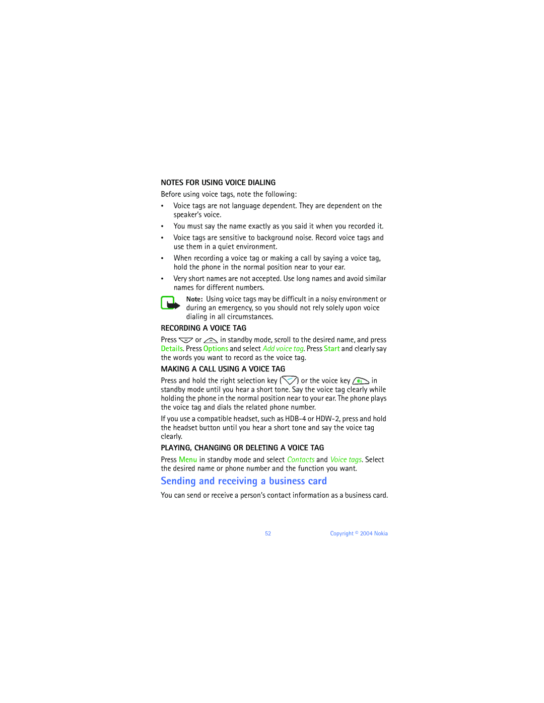 Nokia 6651 manual Sending and receiving a business card, Recording a Voice TAG, Making a Call Using a Voice TAG 