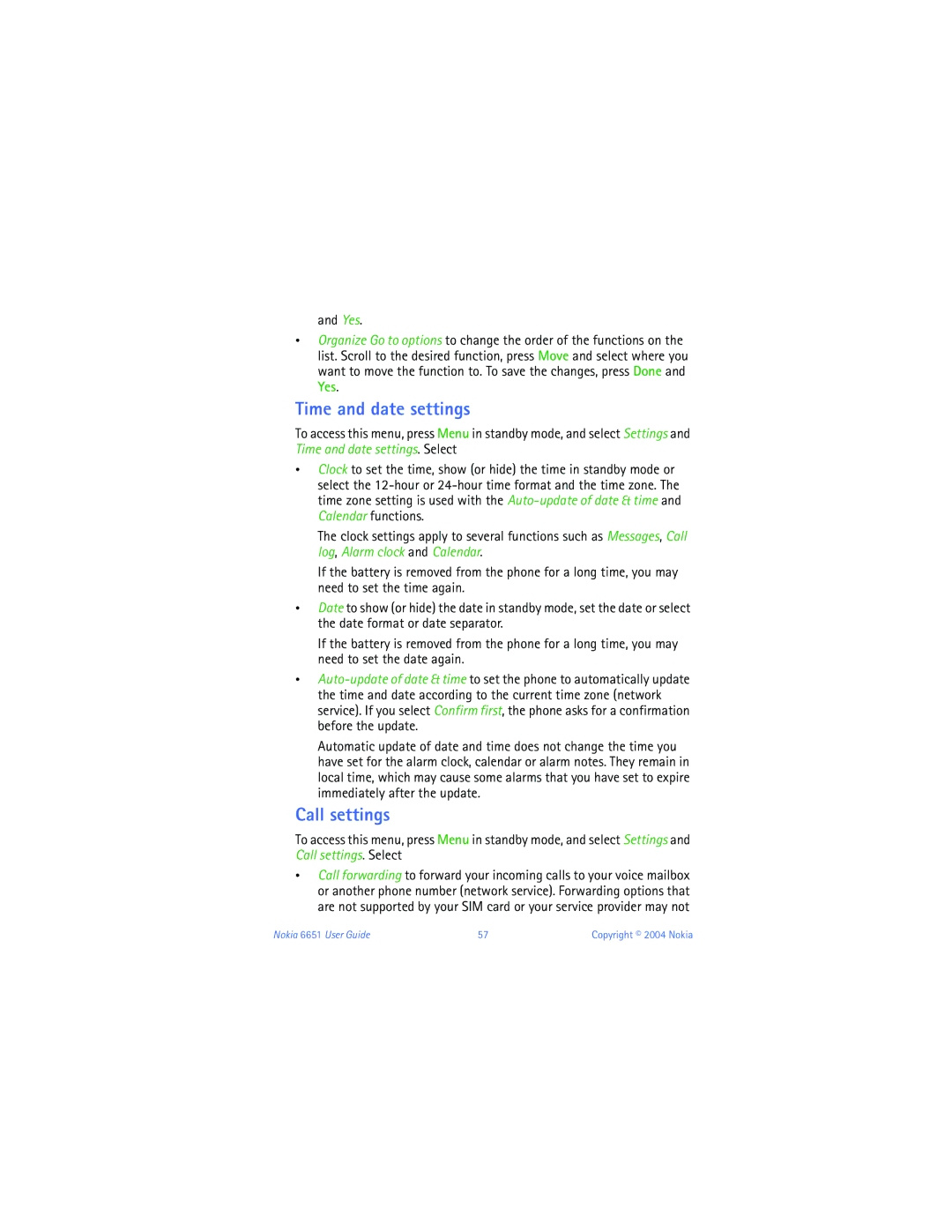 Nokia 6651 manual Time and date settings, Call settings 