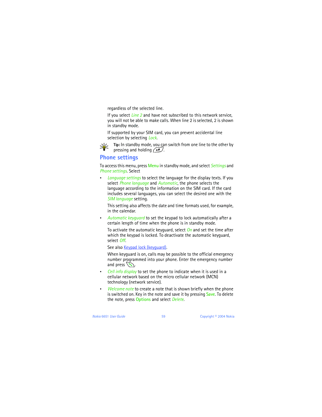 Nokia 6651 manual Phone settings, See also Keypad lock keyguard 