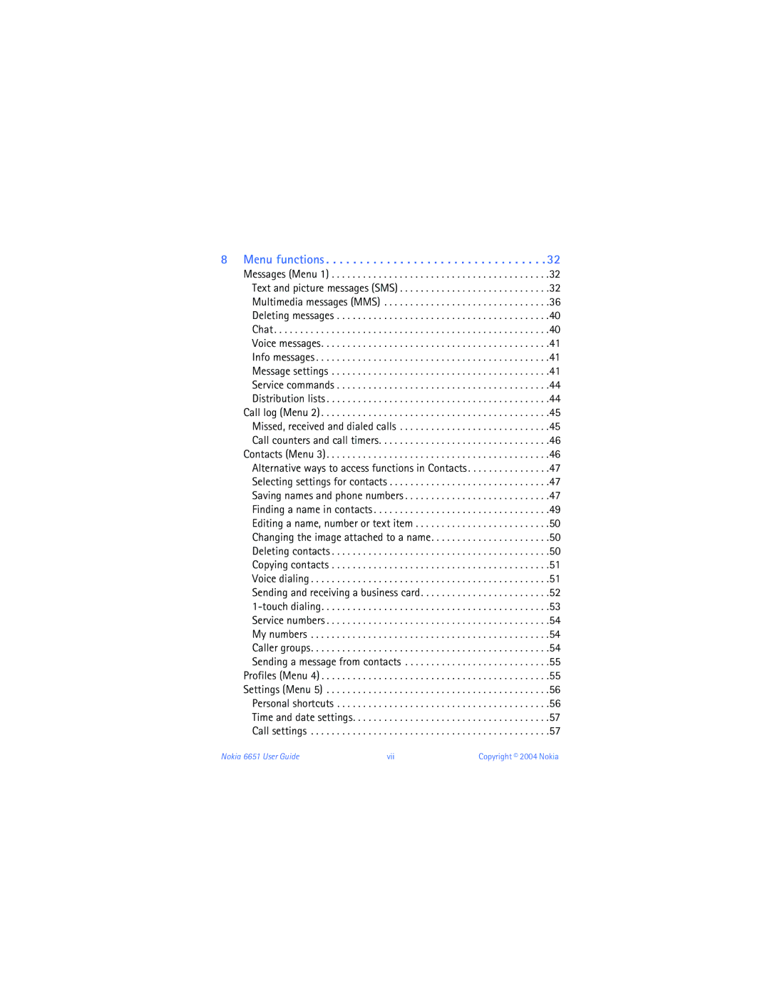 Nokia 6651 manual Menu functions 