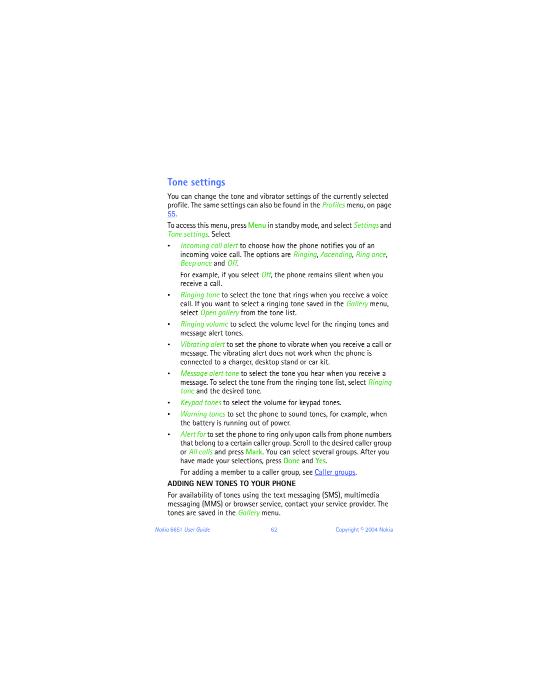 Nokia 6651 manual Tone settings, For adding a member to a caller group, see Caller groups, Adding NEW Tones to Your Phone 