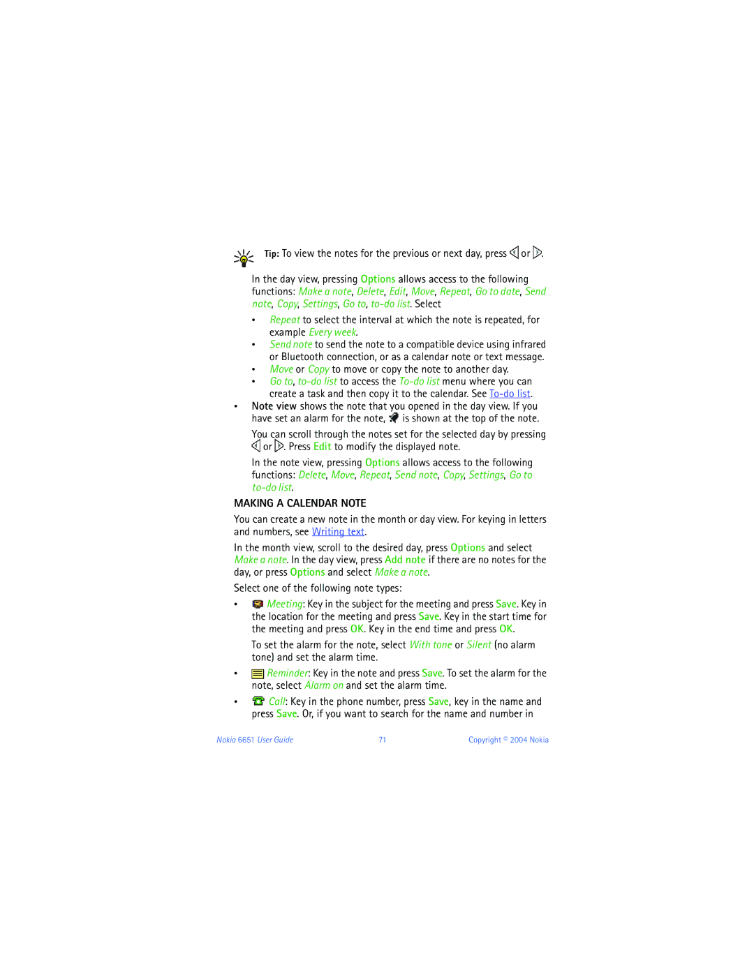 Nokia 6651 manual Move or Copy to move or copy the note to another day, Making a Calendar Note 
