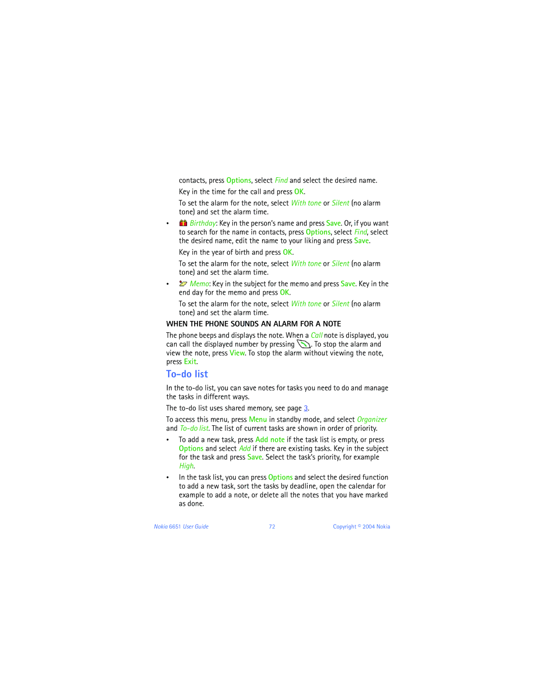 Nokia 6651 manual To-do list, When the Phone Sounds AN Alarm for a Note 