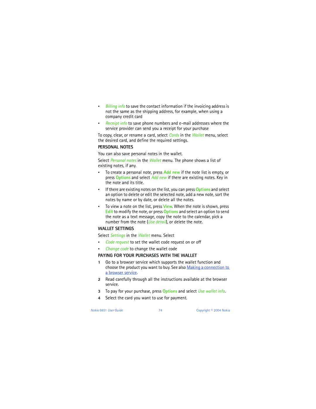 Nokia 6651 manual Personal Notes, Wallet Settings, Paying for Your Purchases with the Wallet 